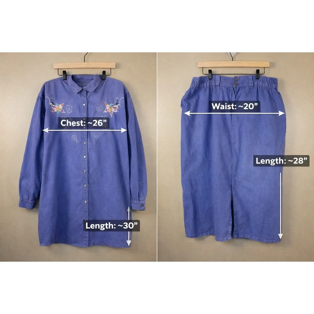 Vintage Carolina Bay Plus 3X 2 Pc‎ Blue Embroidered Skirt Set Cotton Floral
